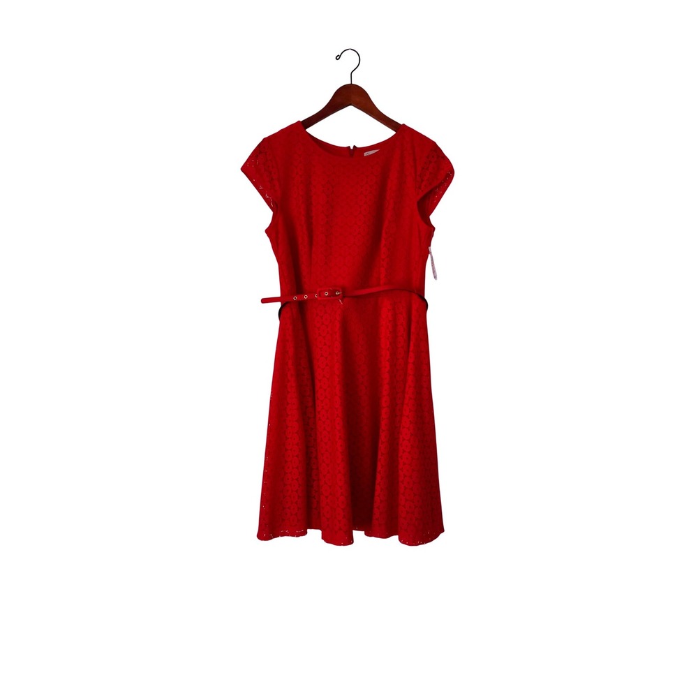 Dressbarn Red Eyelet Lace Belted Fit Flare Dress Petite 14P NWT Party Holiday